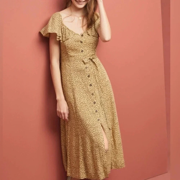 Anthropologie Cheetah Print Dress Button Front Midi Dress Size 8 - Picture 1 of 9